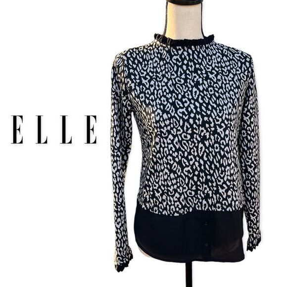 ELLE Long Sleeve High Neck Keyhole Back Ruffle Trim Blouse (XS) - Picture 1 of 12